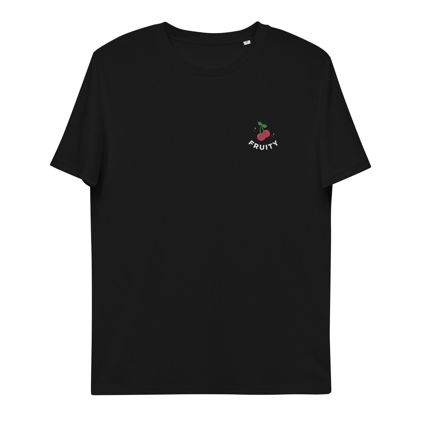 A stylish black t-shirt displaying cherry embroidery on the front, radiating fruity vibes