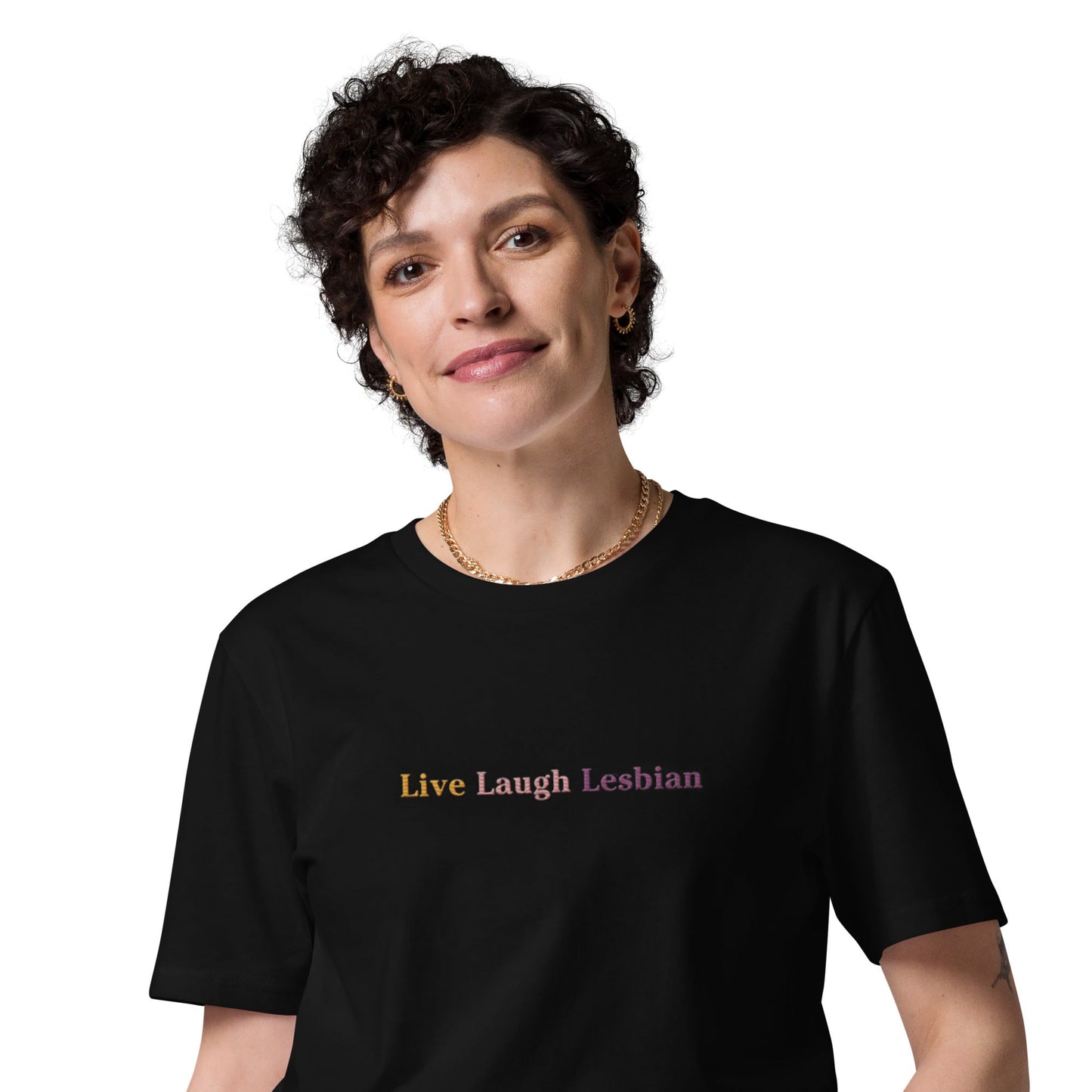 T-shirt design promoting inclusivity and happiness, featuring the phrase "Live Laugh Lesbian"