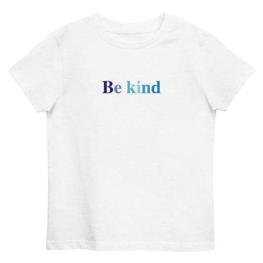 Cute t-shirt for toddlers with 'be kind' slogan in shades of blue