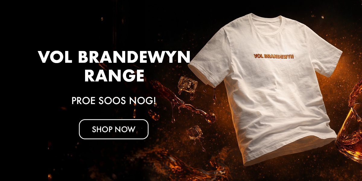 White t-shirt with 'VOL BRANDEWYN' text on a dark background with whiskey glass.