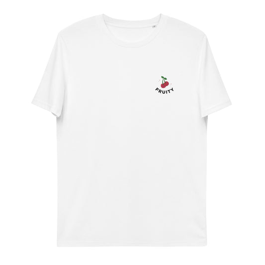 A stylish white t-shirt displaying a strawberry embroidery on the front, radiating fruity vibes