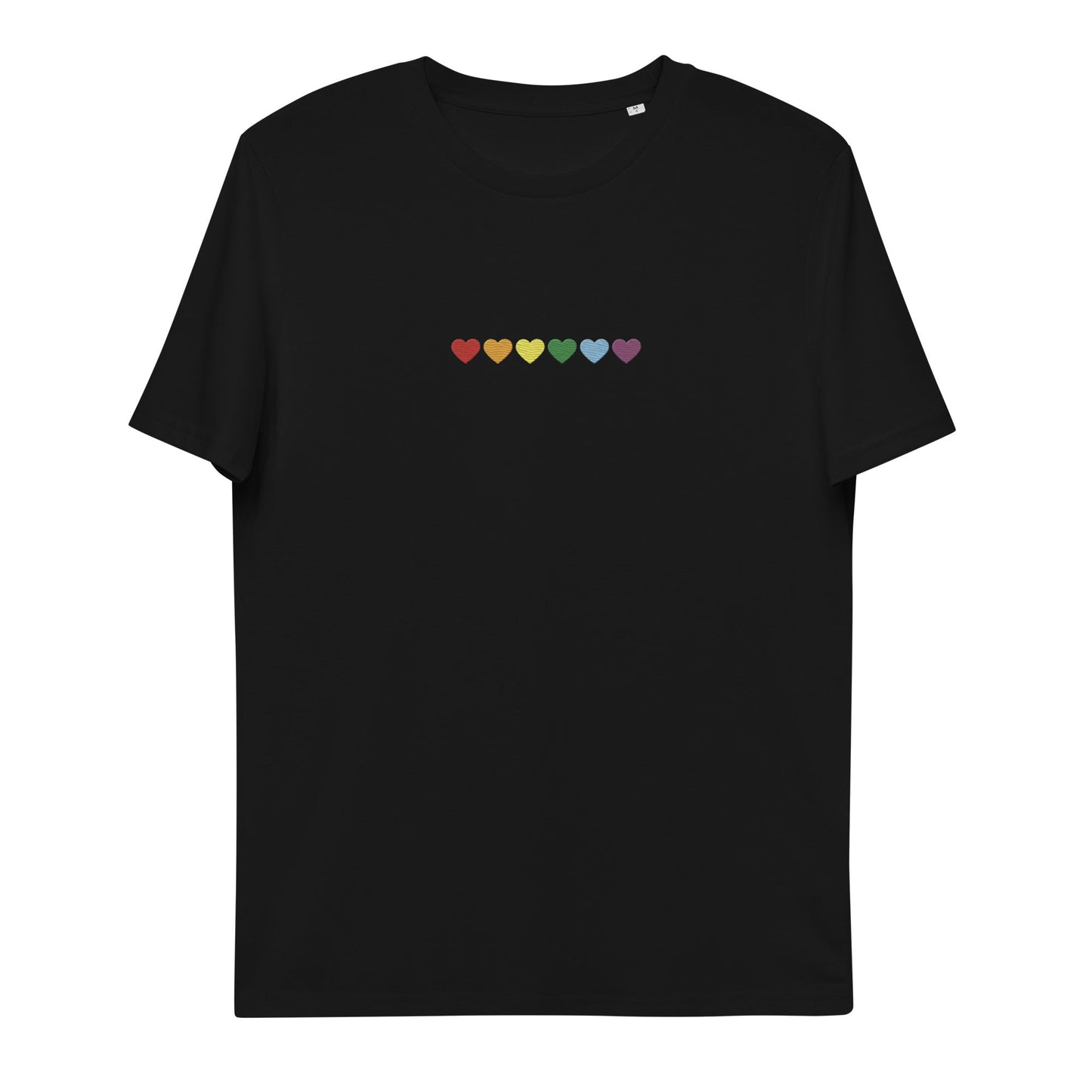 A black t-shirt with colorful rainbow hearts. Spread love and positivity with this vibrant shirt!