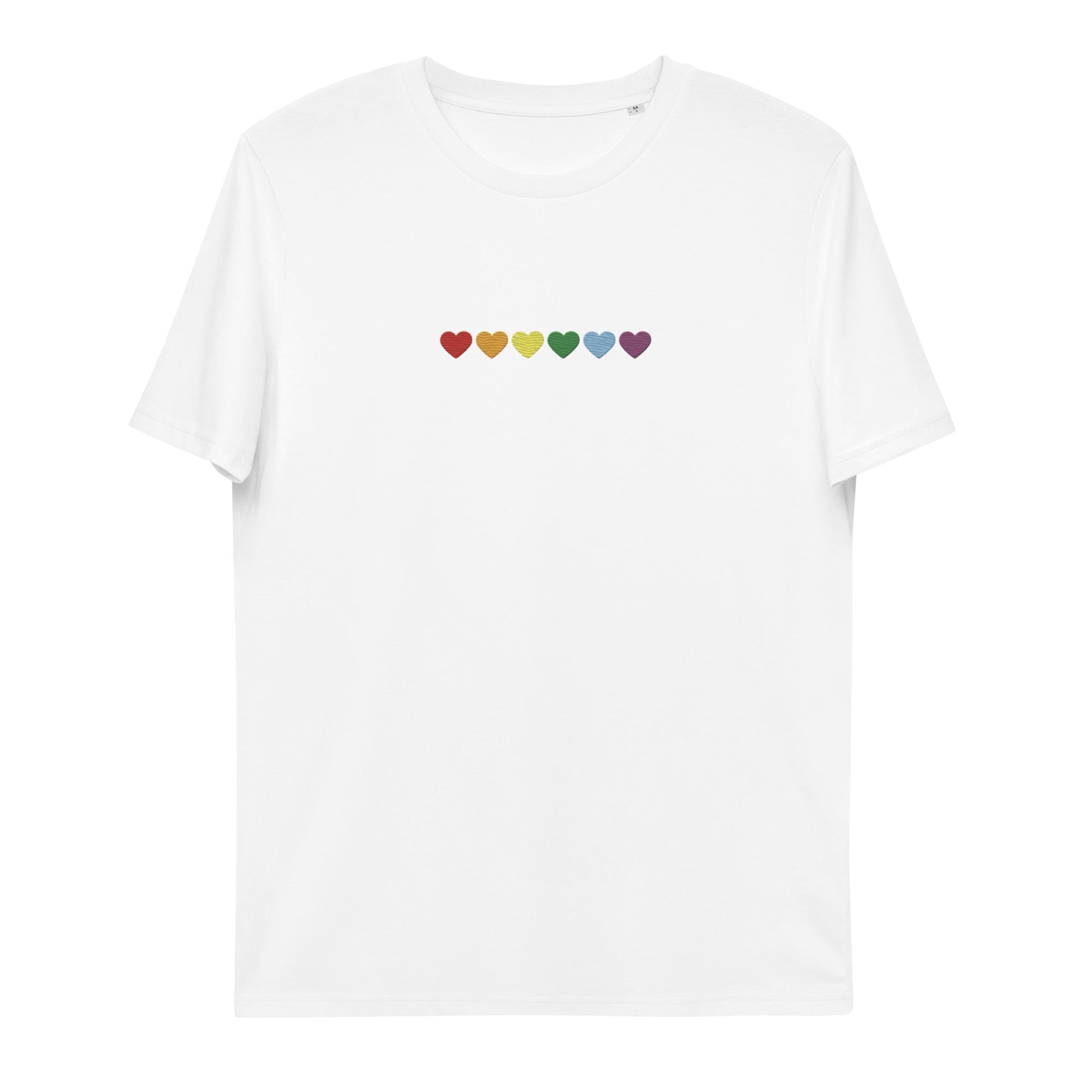 A white t-shirt with colorful rainbow hearts. Spread love and positivity with this vibrant shirt!