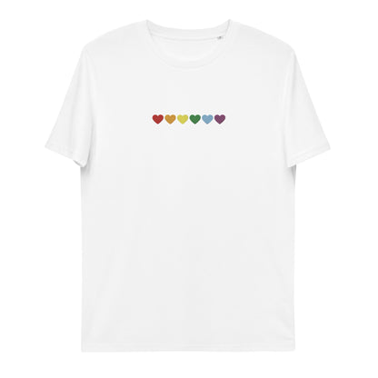 A white t-shirt with colorful rainbow hearts. Spread love and positivity with this vibrant shirt!