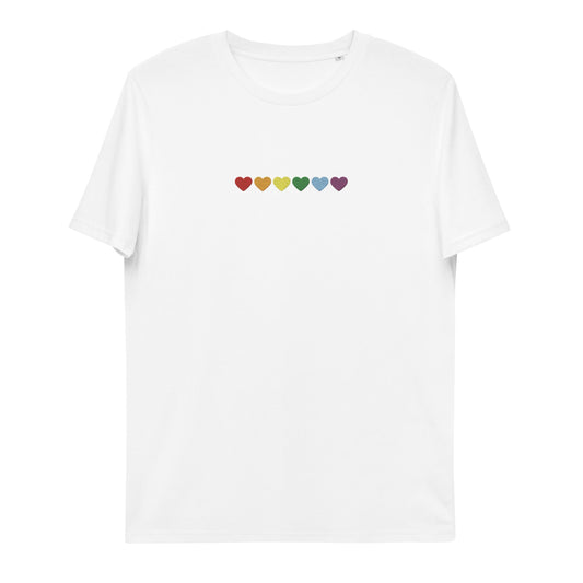 A white t-shirt with colorful rainbow hearts. Spread love and positivity with this vibrant shirt!