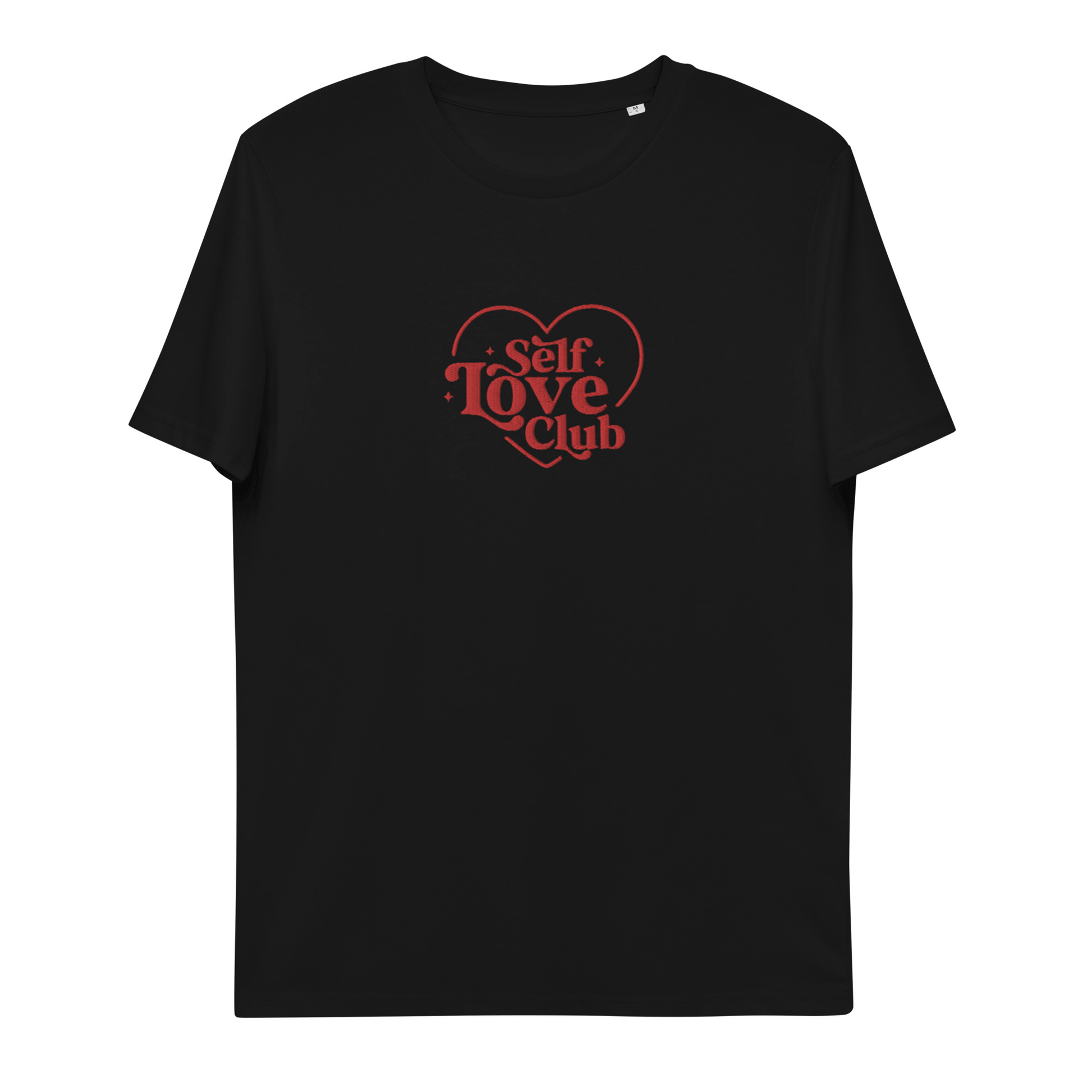 Black t-shirt with red 'Self Love Club' embroidered text