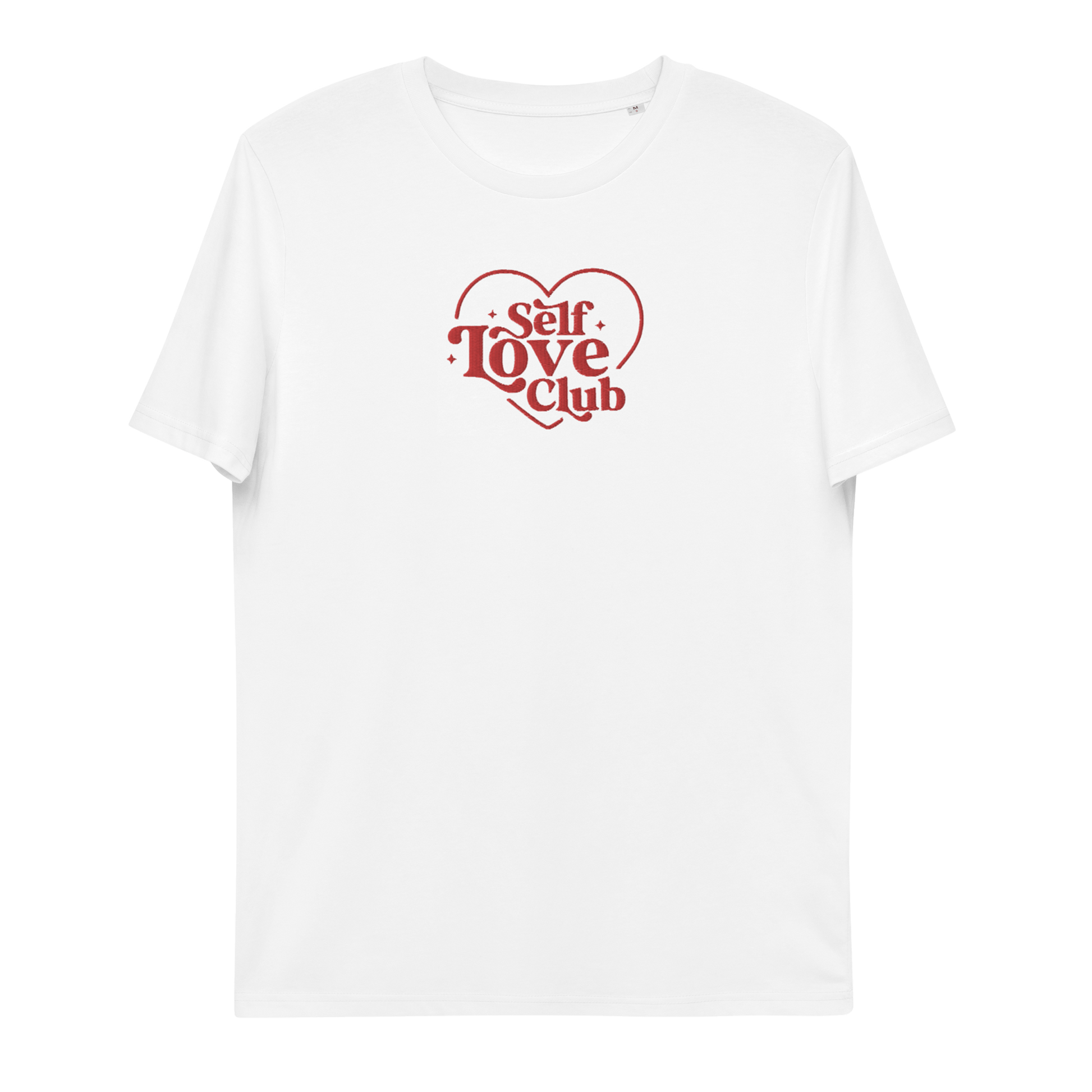 White t-shirt with red 'Self Love Club' embroidered text