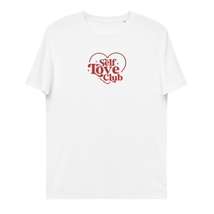 White t-shirt with red 'Self Love Club' embroidered text