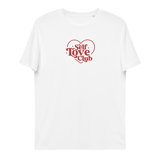 White t-shirt with red 'Self Love Club' embroidered text