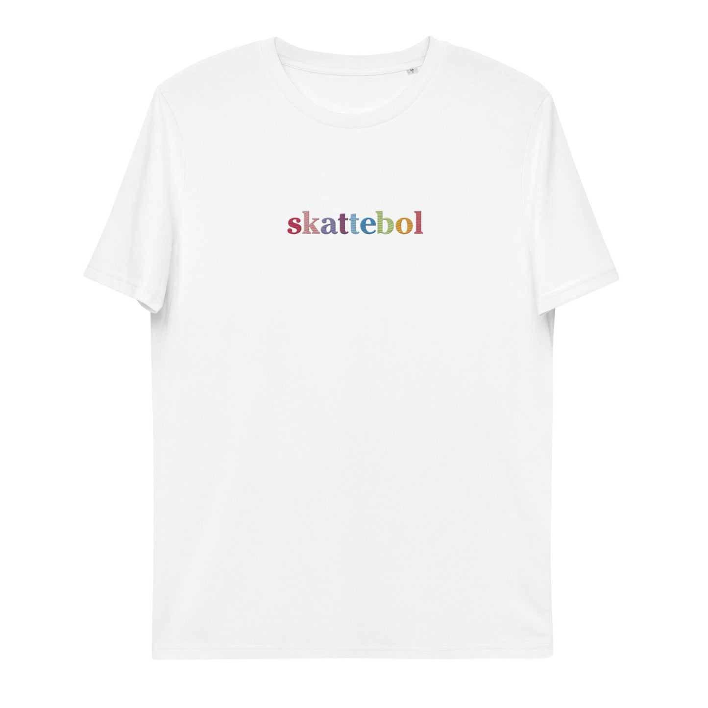 Colorful Skattebol a vibrant rainbow t-shirt, showcasing their unique style and love for colors.