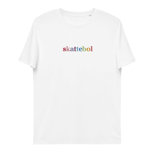 Colorful Skattebol a vibrant rainbow t-shirt, showcasing their unique style and love for colors.