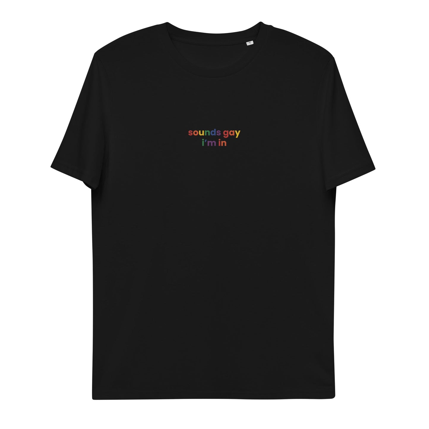 A Black tshirt "sound gay i'm in" written in bold letters in colours of the pride flag