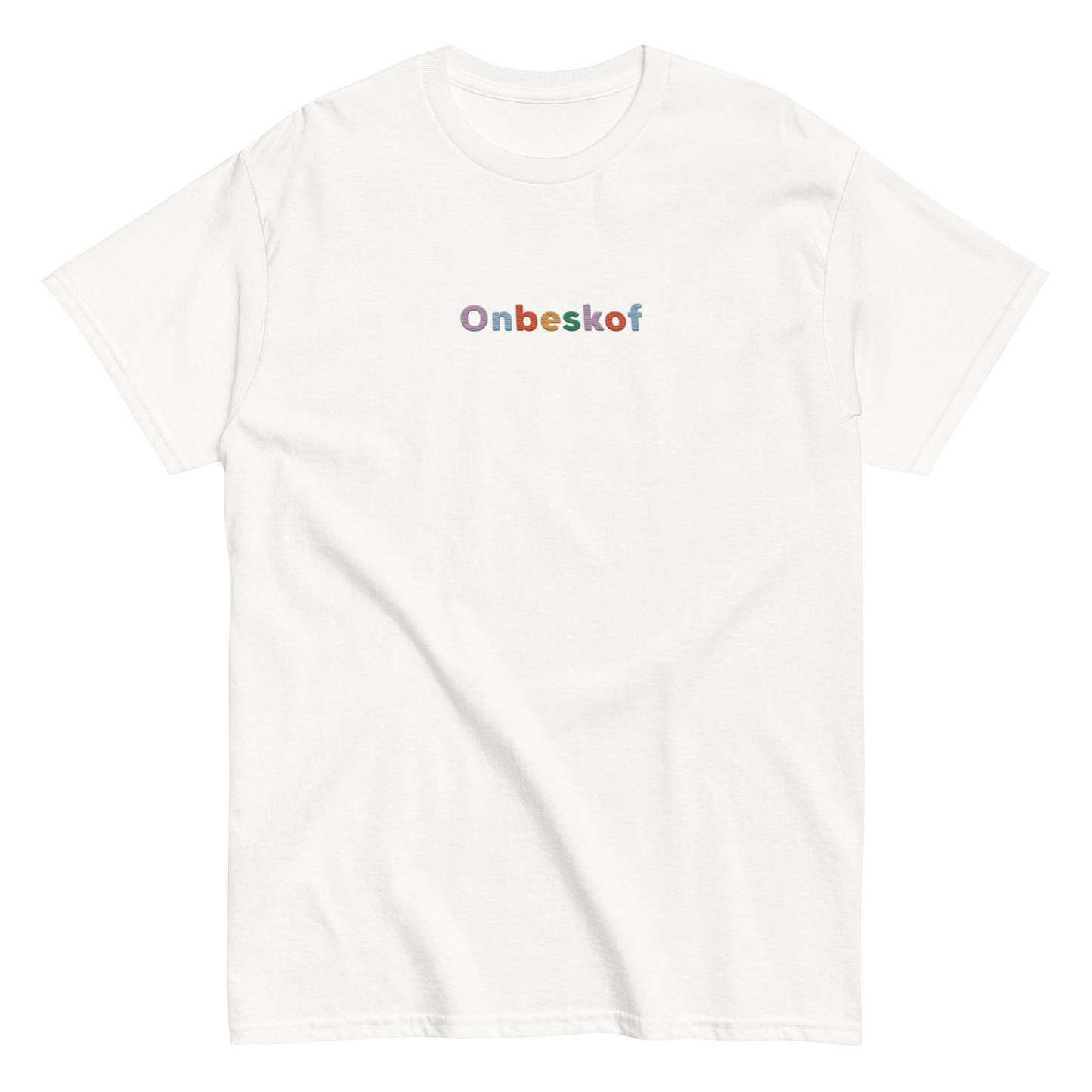 White t-shirt with 'Onbeskof' text on a white background