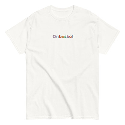 White t-shirt with 'Onbeskof' text on a white background