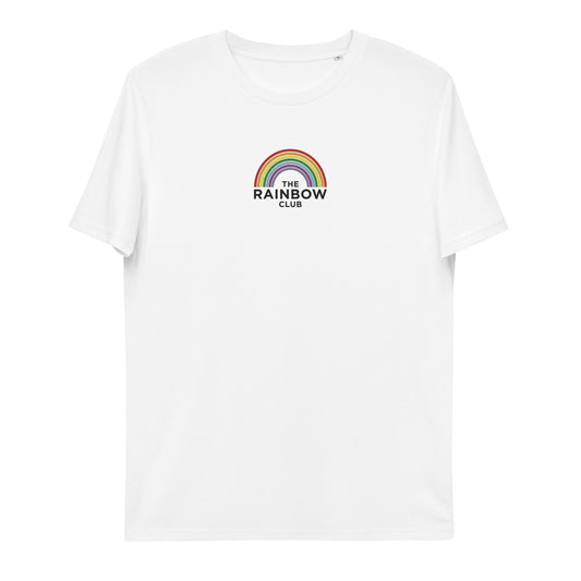 A white t-shirt featuring the rainbow club emblem, a powerful symbol of unity and acceptance for the LGBTQIA community.